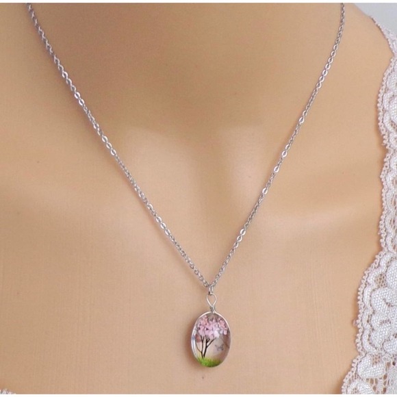 HP! 🎉 1 LEFT! Flower Tree and Butterfly Oval Pendant and Necklace - Picture 4 of 5